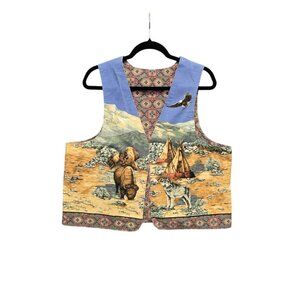 Vintage Western Themed Vest With Native American & Wildlife Print Sleeveless Ope